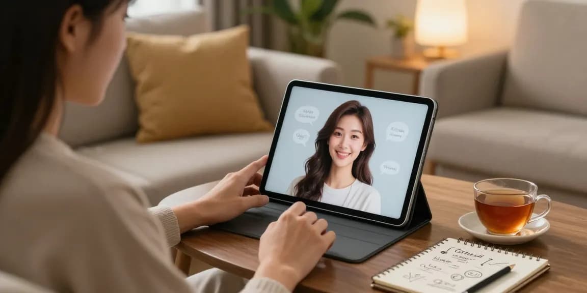 Young adult enjoying a warm moment with their girlfriend AI on a tablet in a cozy living room.