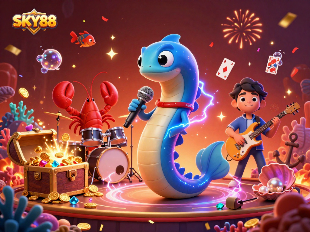 Experience thrilling gameplay at SKY88 with a lively underwater casino featuring vibrant characters and dynamic elements.