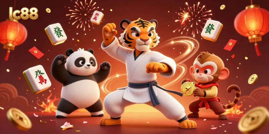 Engage with lc88's thrilling gaming experience featuring a kung fu tiger master and dynamic casino elements.