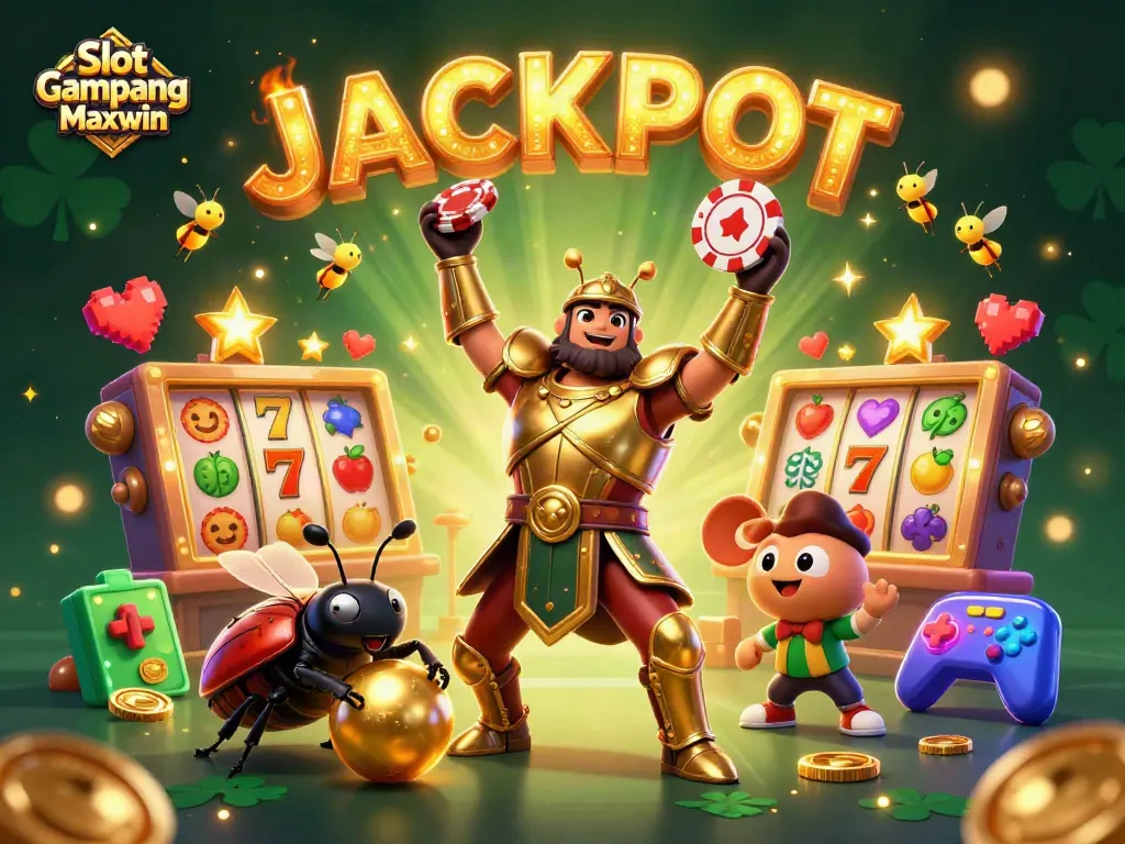 Spin and win big with Slot Gampang Maxwin in this vibrant casino-themed illustration.