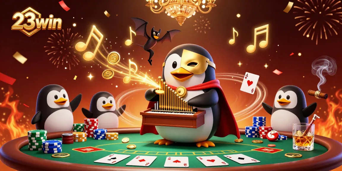 Engaging scene from 23win showcases a phantom penguin at a poker table with dynamic casino elements.