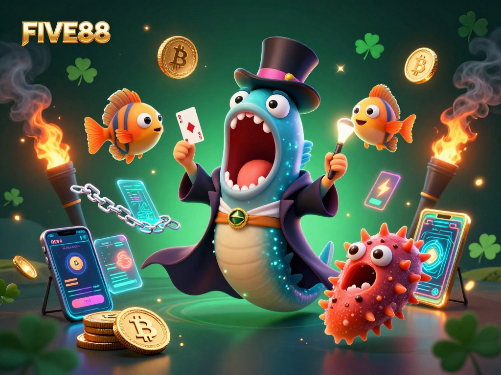 Join the FUN at FIVE88 thrilling casino experience featuring colorful card tricks and vibrant gaming elements!