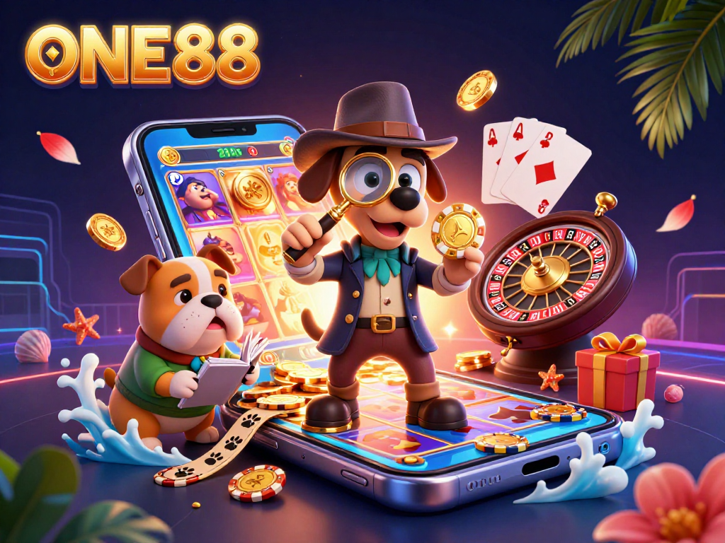 Engage with ONE88’s thrilling action through a vibrant 3D casino adventure illustration showcasing slot games and poker clues.