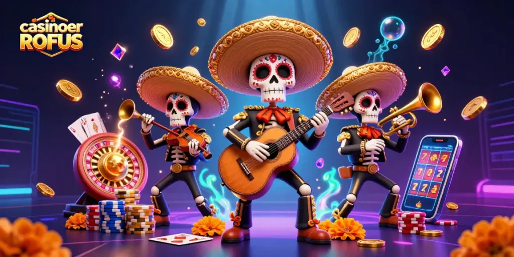 Play vibrant casinoer uden ROFUS with a lively Day of the Dead band amidst sparkling casino elements.
