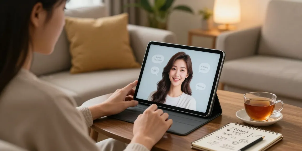 Young adult enjoying a warm moment with their girlfriend AI on a tablet in a cozy living room.