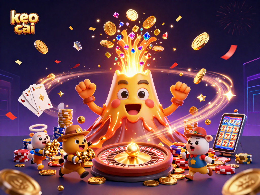 Experience the thrill of keo nha cai as a golden volcano erupts with treasures, surrounded by coins and cards.