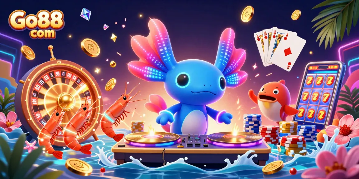 Engage with Go88 com as the neon axolotl DJ spins, amidst a vibrant casino atmosphere filled with swirling coins and gems.