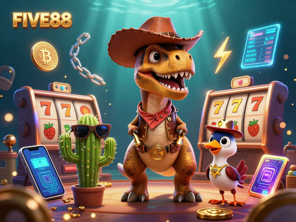 Engage with FIVE88 in this vibrant casino scene featuring 3D characters and slot elements.