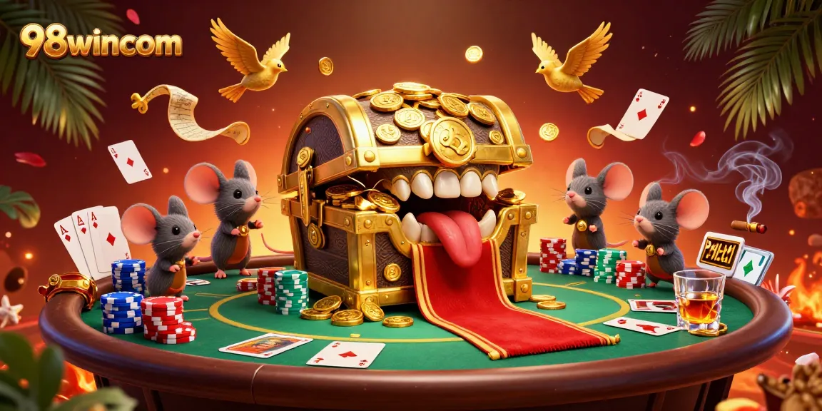Experience thrilling gameplay with 98wincom's vibrant casino scene featuring a treasure chest and poker elements.