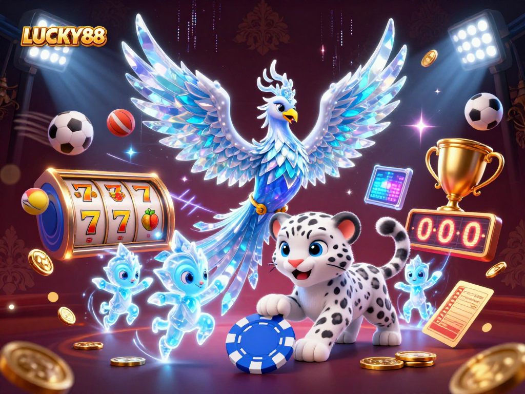 LUCKY88 features an ice phoenix, a snow leopard cub, and dancing ice sprites in a vibrant casino scene.