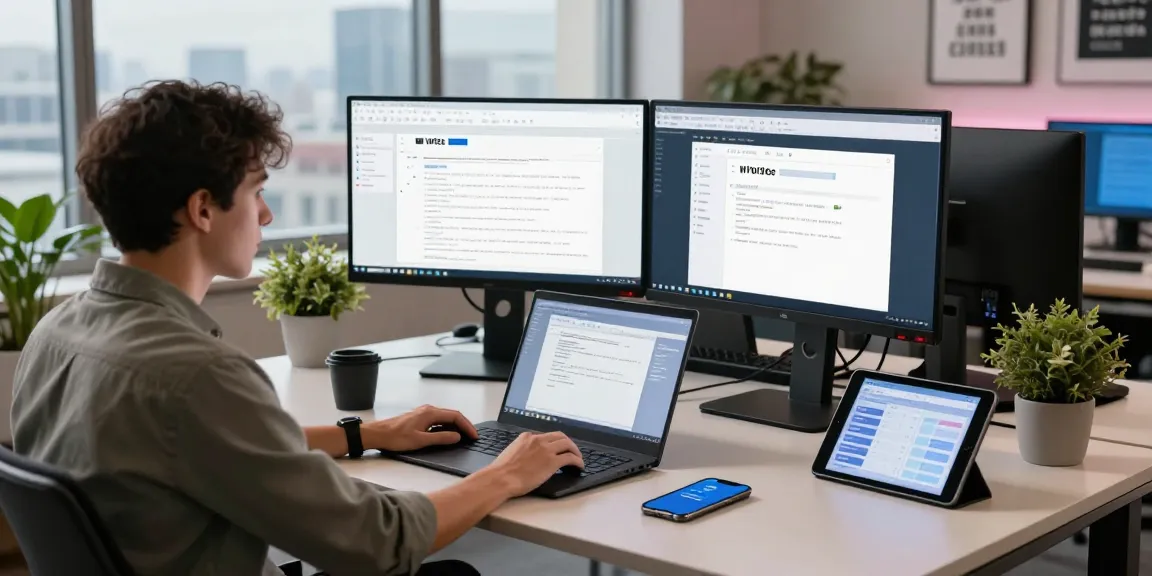 WPS Download in action at a modern workspace with multiple displays and editing tools.