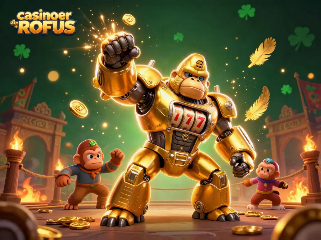 Experience thrilling gameplay at casinoer uden ROFUS with a spectacular golden gorilla mech.