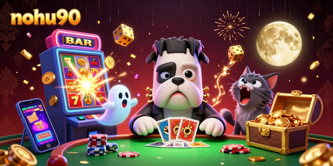 Nohu90 captures excitement with a lively scene of a Frankenstein bulldog dealing cards at a casino.