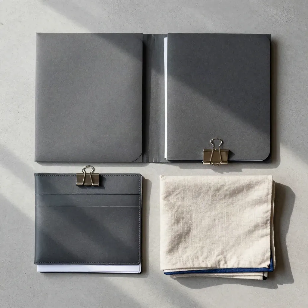 Överheadflatlay med bokslutskit, linne, mappar och metallklämma på ljus betong.
