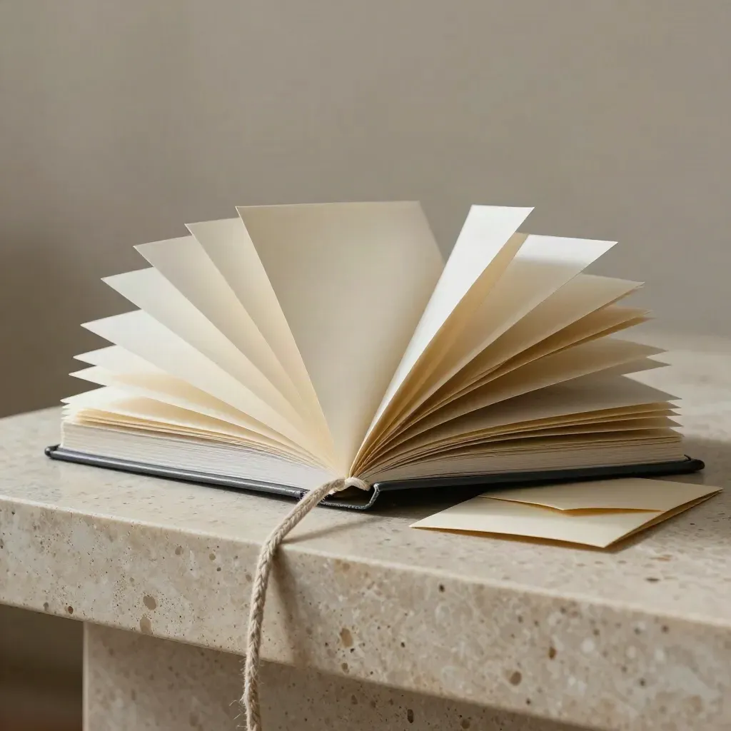 Startguide i pärm med dividers, kuvert och linnesnodd på travertin.