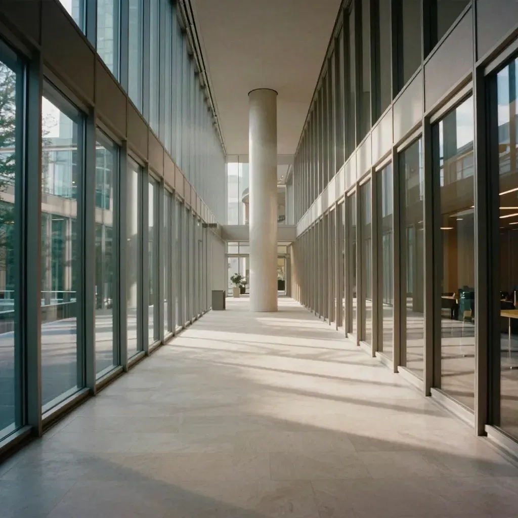 Modern glasgång i kontorsmiljö med ljus, djup och en skulptural pelare.