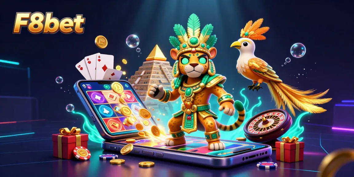 Play dynamic games at F8bet with a vibrant 3D casino scene featuring prizes and excitement.