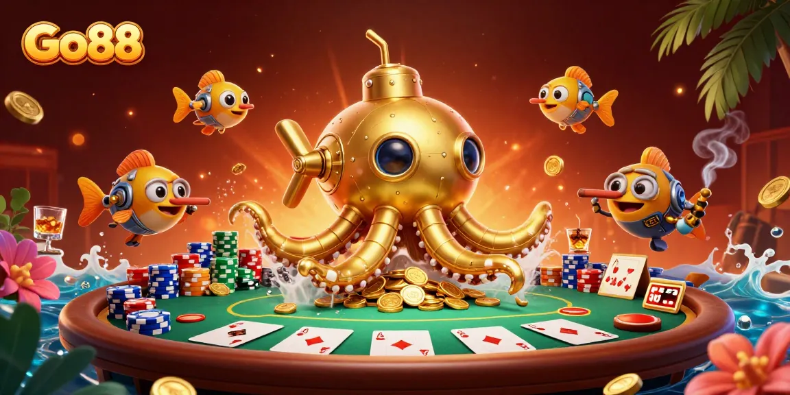 Engage with Go88's vibrant casino scene featuring poker elements and golden kraken characters.