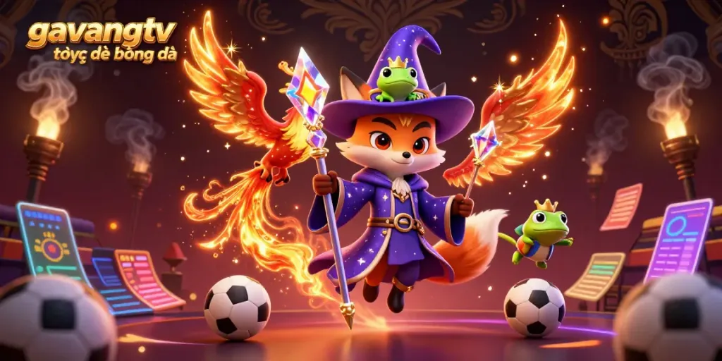 Experience gavangtv trực tiếp bóng đá with a vibrant 3D illustration of magical characters and sports elements.