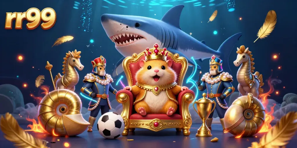 Bet big on rr99 with the fierce golden hamster king leading a dynamic underwater casino scene.