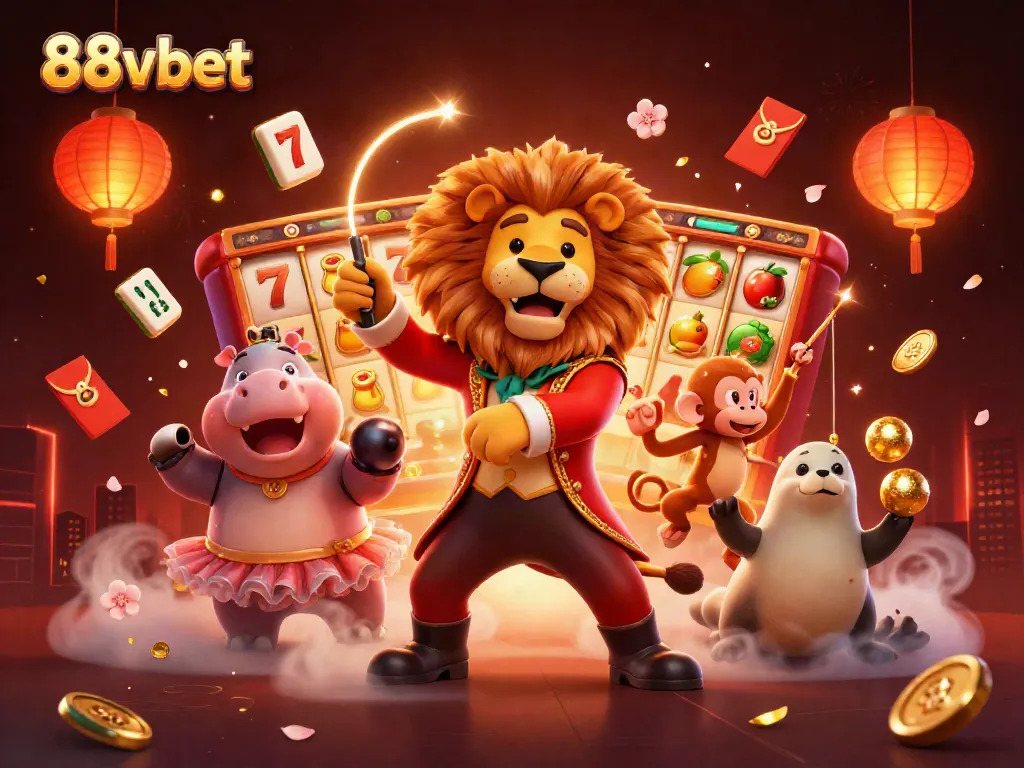Engage with 88vbet's thrilling world through vibrant 3D circus characters and casino symbols.
