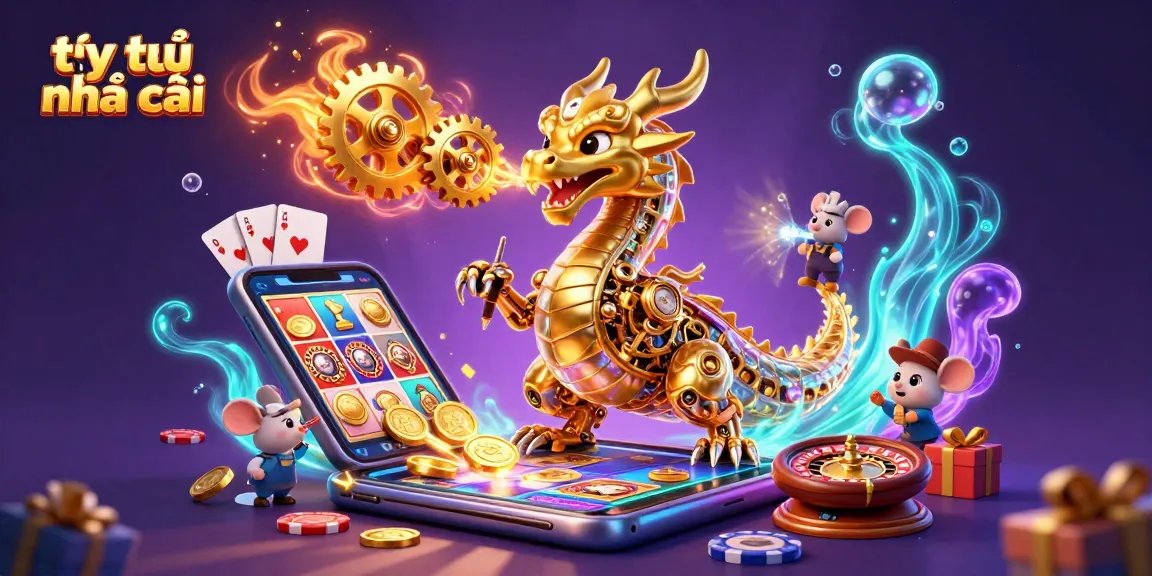 Engage with tỷ lệ nhà cái in this vibrant 3D illustration of a golden dragon and gaming elements.