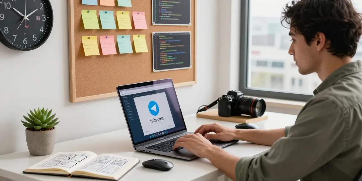 Developer using Telegram web version in a modern home office setting, focused on coding with vibrant decor.