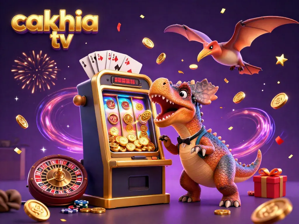 Cakhia tv scene with a pachycephalosaurus enhancing a slot machine jackpot as golden coins scatter.