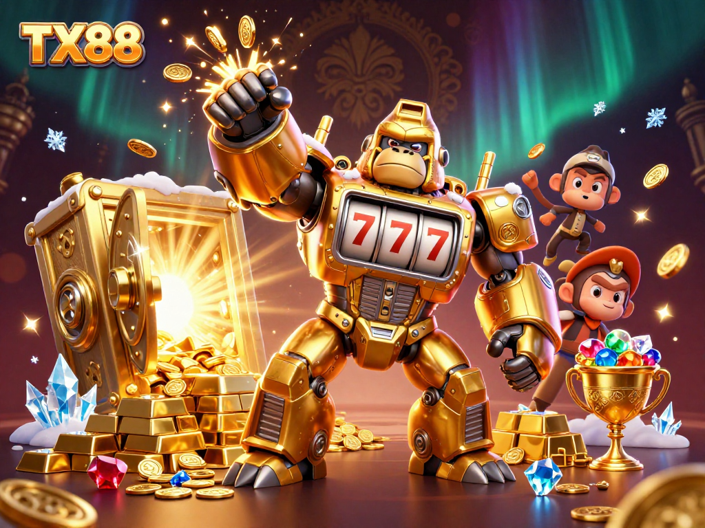 Experience dynamic wins with TX88's vibrant casino scene featuring gold treasures and a fun gorilla mech.