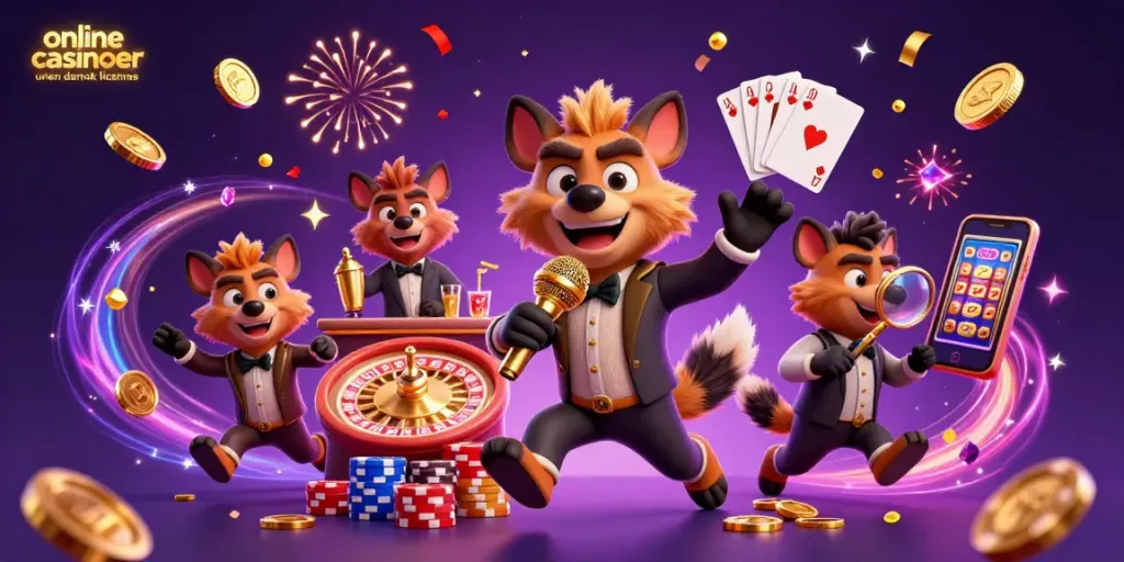 Engage with online casinoer uden dansk licens through a vibrant 3D illustration of hyenas in a comedy casino theme.