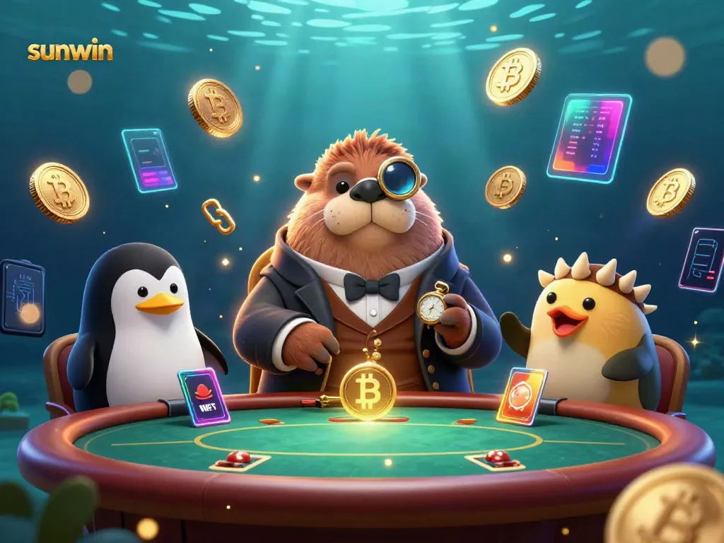 Experience the thrill of sunwin as a jolly walrus plays poker underwater with vibrant crypto elements